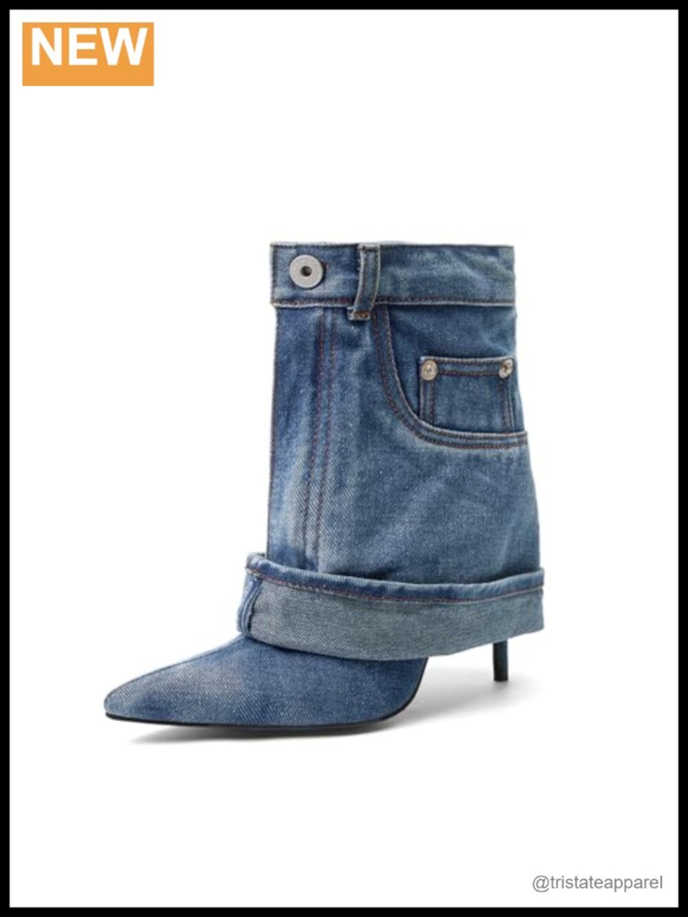 Pointed Toe Stiletto High Heel Ankle Denim Booties Fold Over Jean Boots Women
